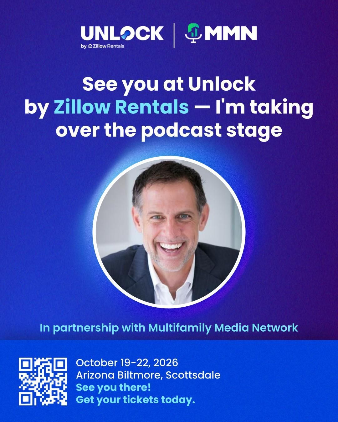 Promotional poster for Unlock by Zillow Rentals featuring a man’s headshot and event details with QR code