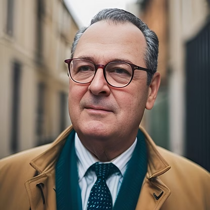 Man in glasses and tie outdoors, wearing a tan coat and teal scarf.