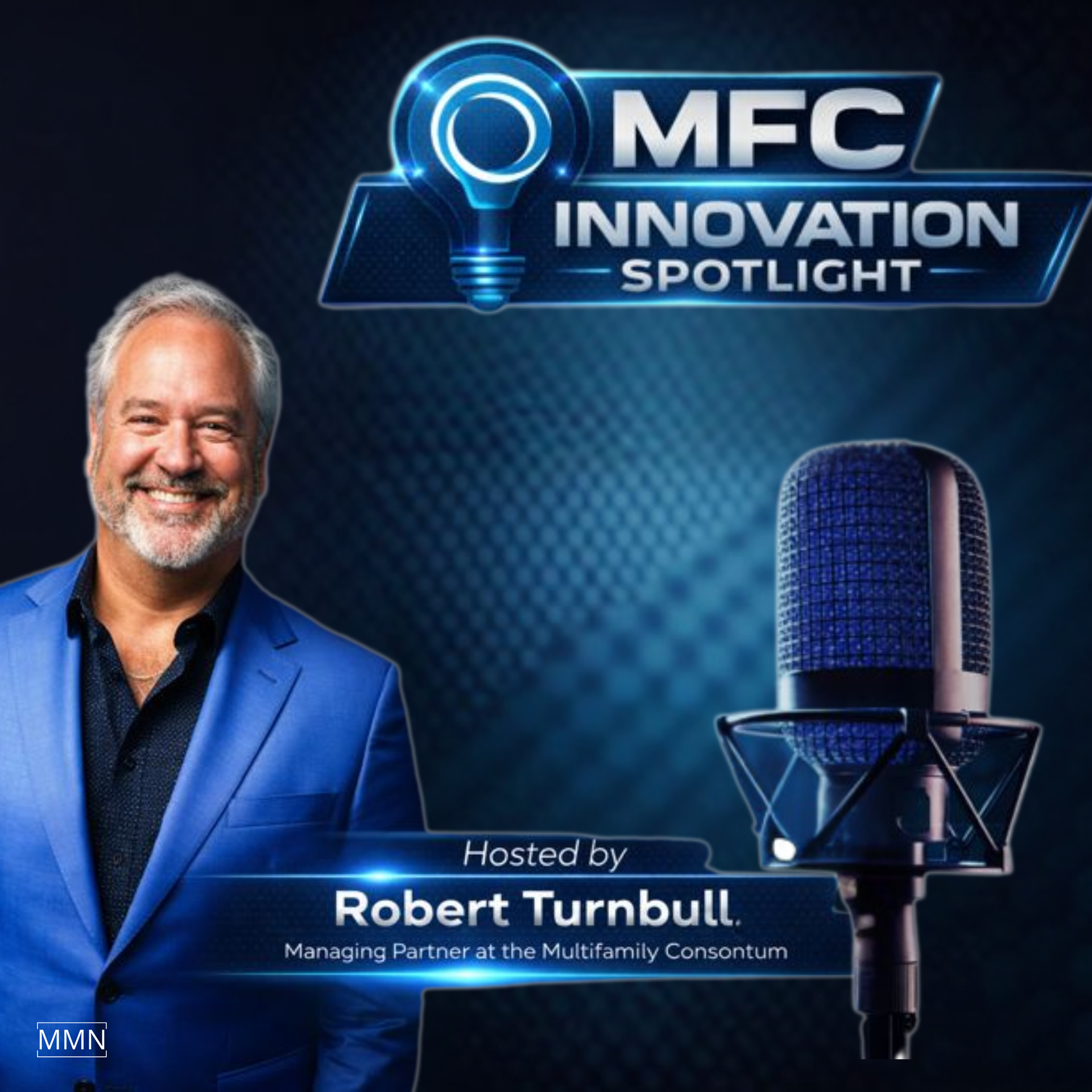 Podcast graphic: Robert Turnbull, smiling, in a blue suit, with microphone; 