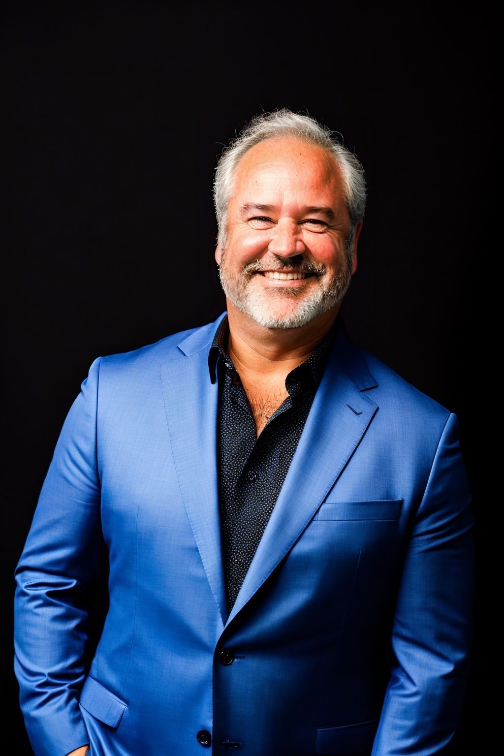 Man in a blue blazer smiles against a black backdrop.