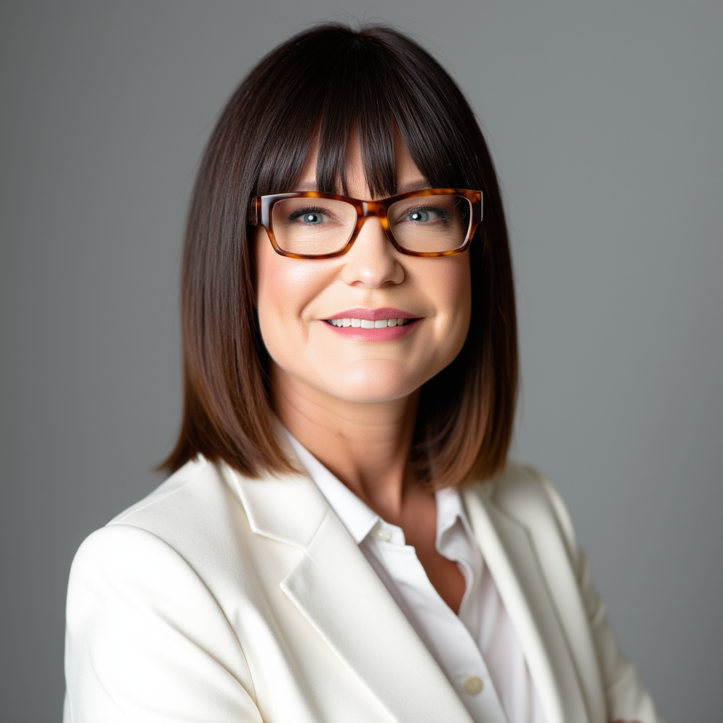 Woman with dark hair and glasses in a white button-down shirt smiles at the camera.