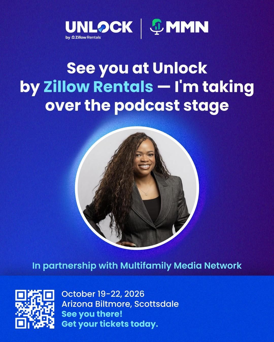 Promo poster for Unlock by Zillow Rentals with event date, location, QR code, and speaker headshot on purple background