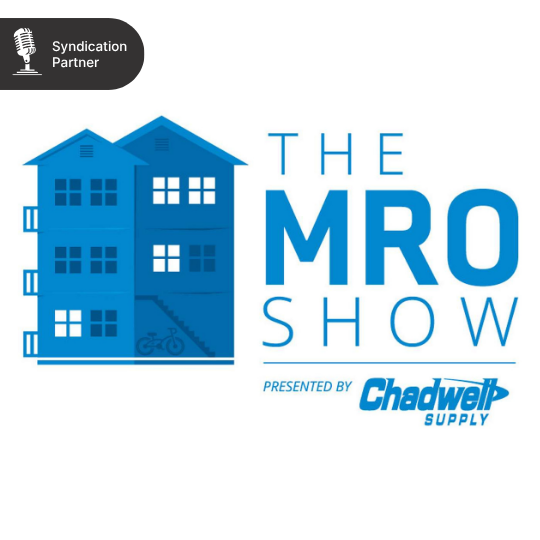 Logo for The MRO Show, a blue building with text
