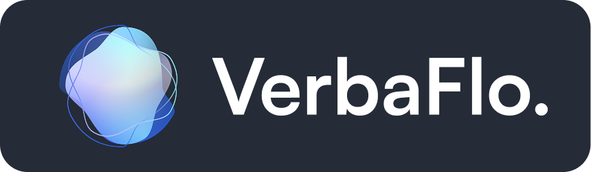 VerbaFlo logo with a blue-purple abstract sphere on a dark rounded rectangle background