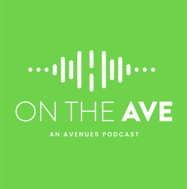 Green logo for "On the Ave" podcast. White audio waves with the text "On the Ave" and "An Avenues Podcast."