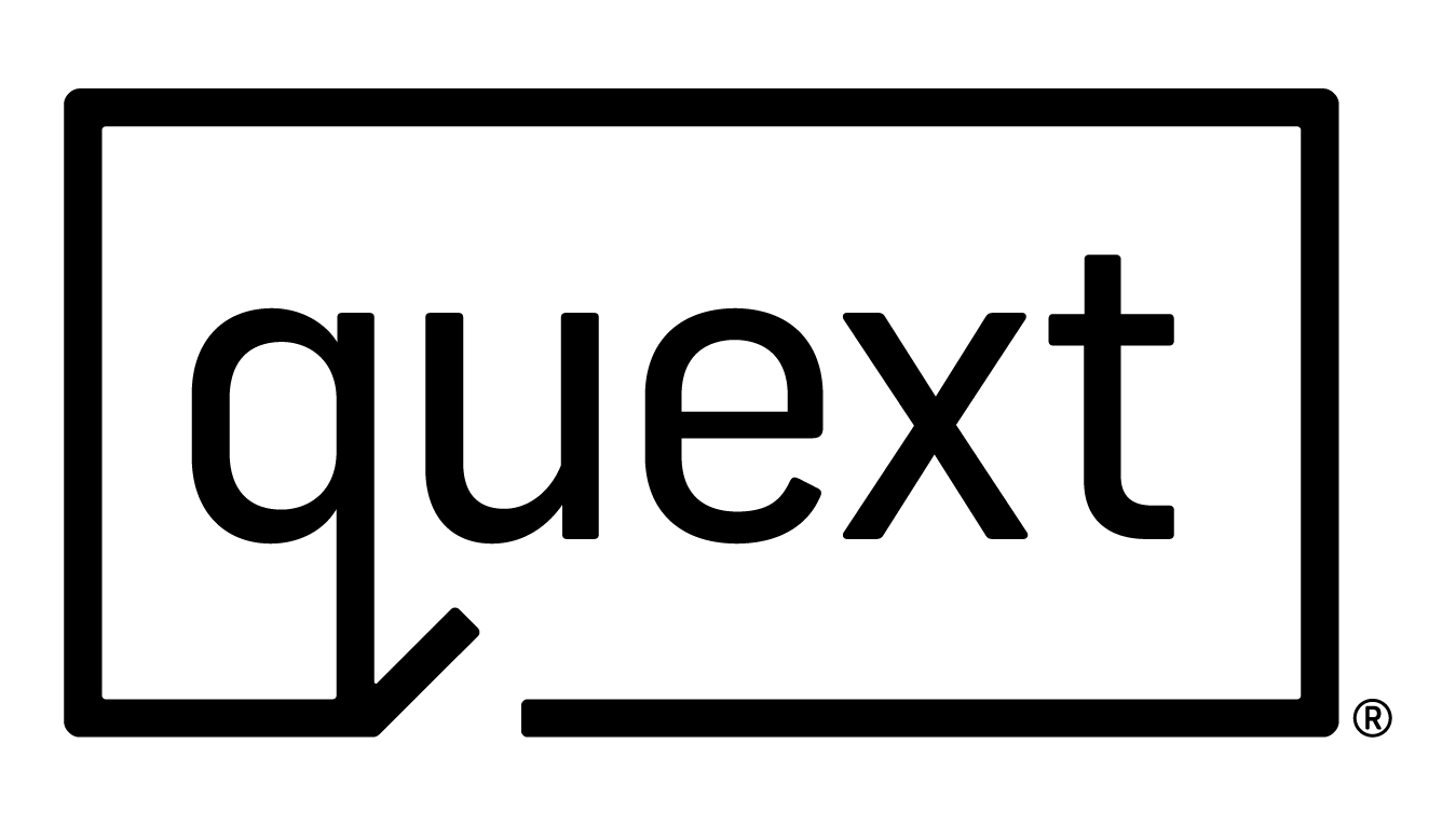 Black and white Quext logo inside a rectangular outline with a stylized “q” and the word “quext”