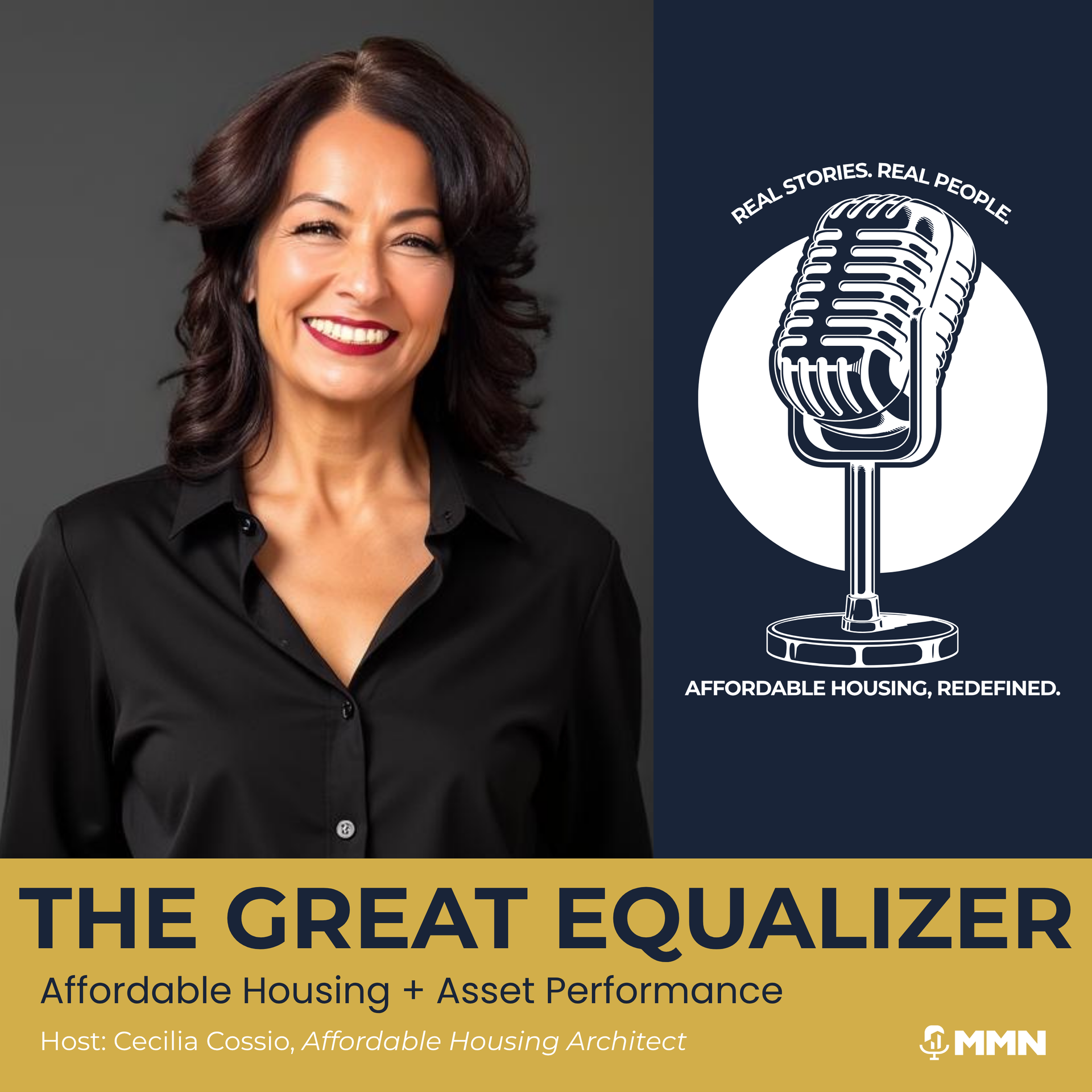 smiling woman in black shirt, microphone graphic with navy blue background, The Great Equalizer logo with gold background