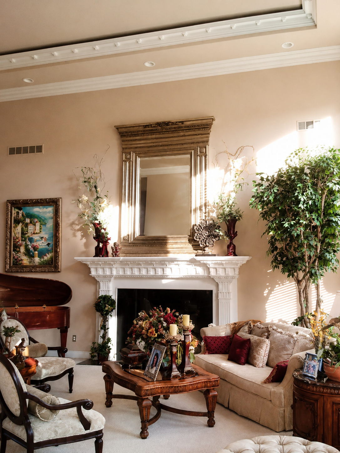 Elegant living room with fireplace, mirror, and floral decor in warm beige tones