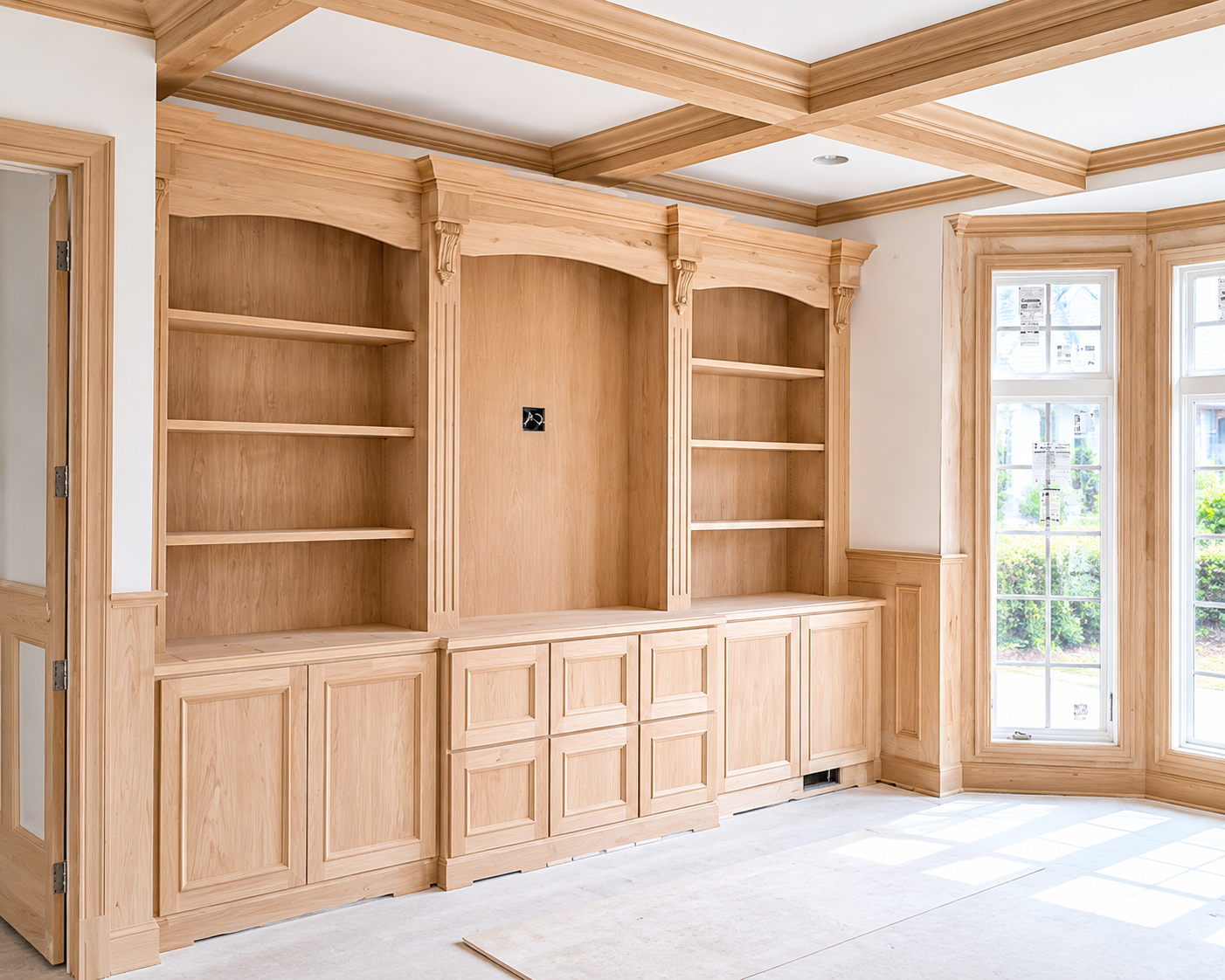 Bright empty room with built-in wood shelving, cabinets, and a glass door with windows.