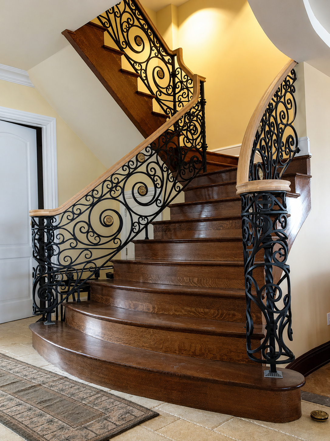 Elegant curved wooden staircase with ornate wrought-iron railings in a warm foyer