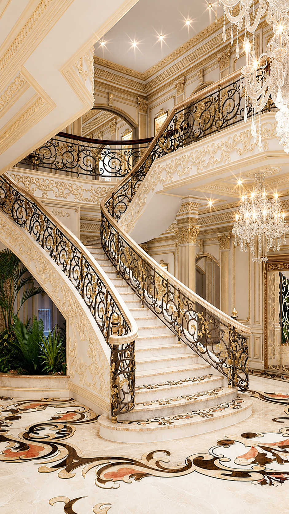 Grand marble staircase with ornate black-and-gold railings in a luxurious chandelier-lit mansion lobby