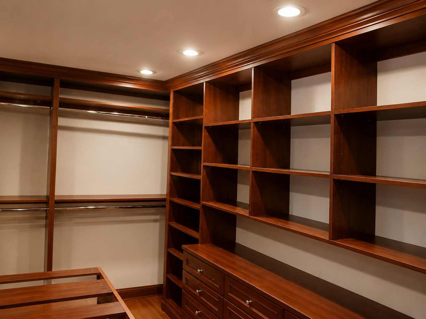 Empty walk-in closet with wood shelving, drawers, and recessed ceiling lights