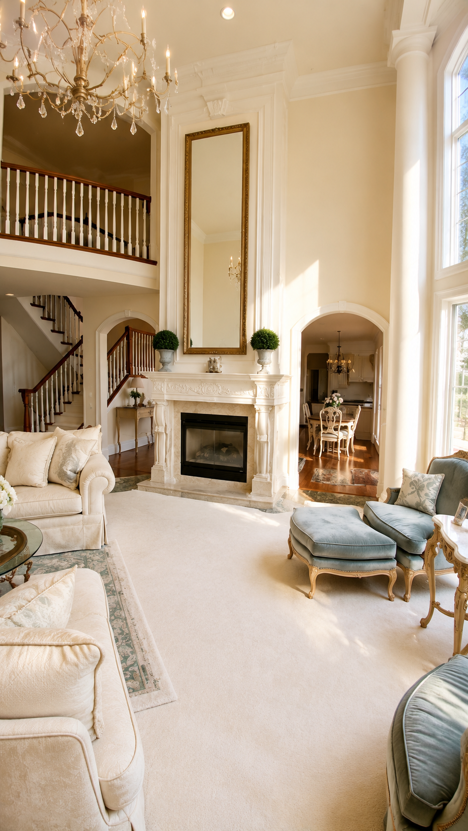 Bright elegant living room with fireplace, chandelier, tall windows, and cream upholstered furniture