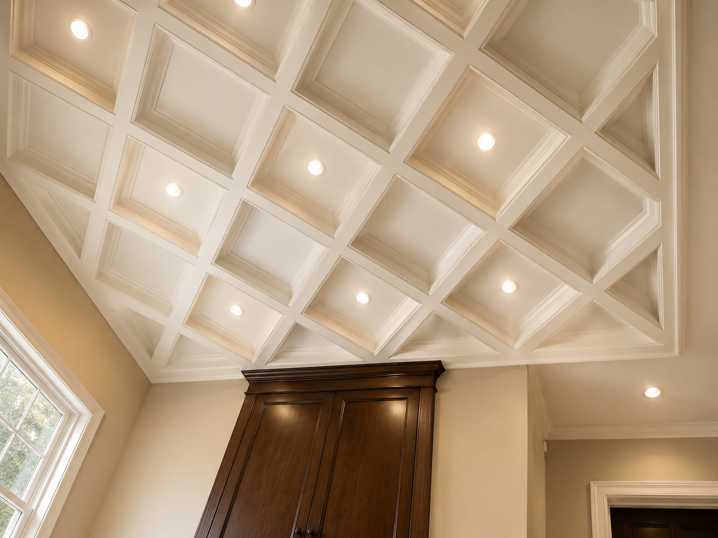 Tray ceiling with recessed lights above tall wooden cabinets in a beige room