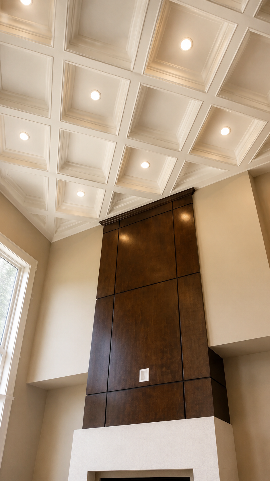 Decorative coffered ceiling with recessed lights above a tall wood-paneled wall in a room