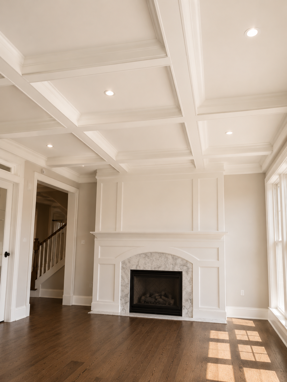 Bright empty living room with white coffered ceiling, fireplace, and sunlit hardwood floors