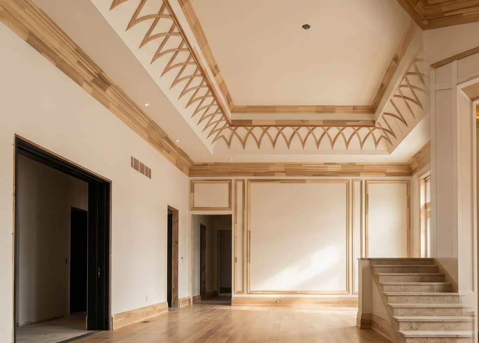 Empty elegant room with cream walls, ornate ceiling trim, dark doorways, and a small staircase on the right