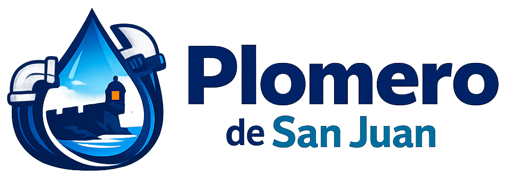 Logotipo del Plomero de San Juan con gota de agua azul e icono de grifo.