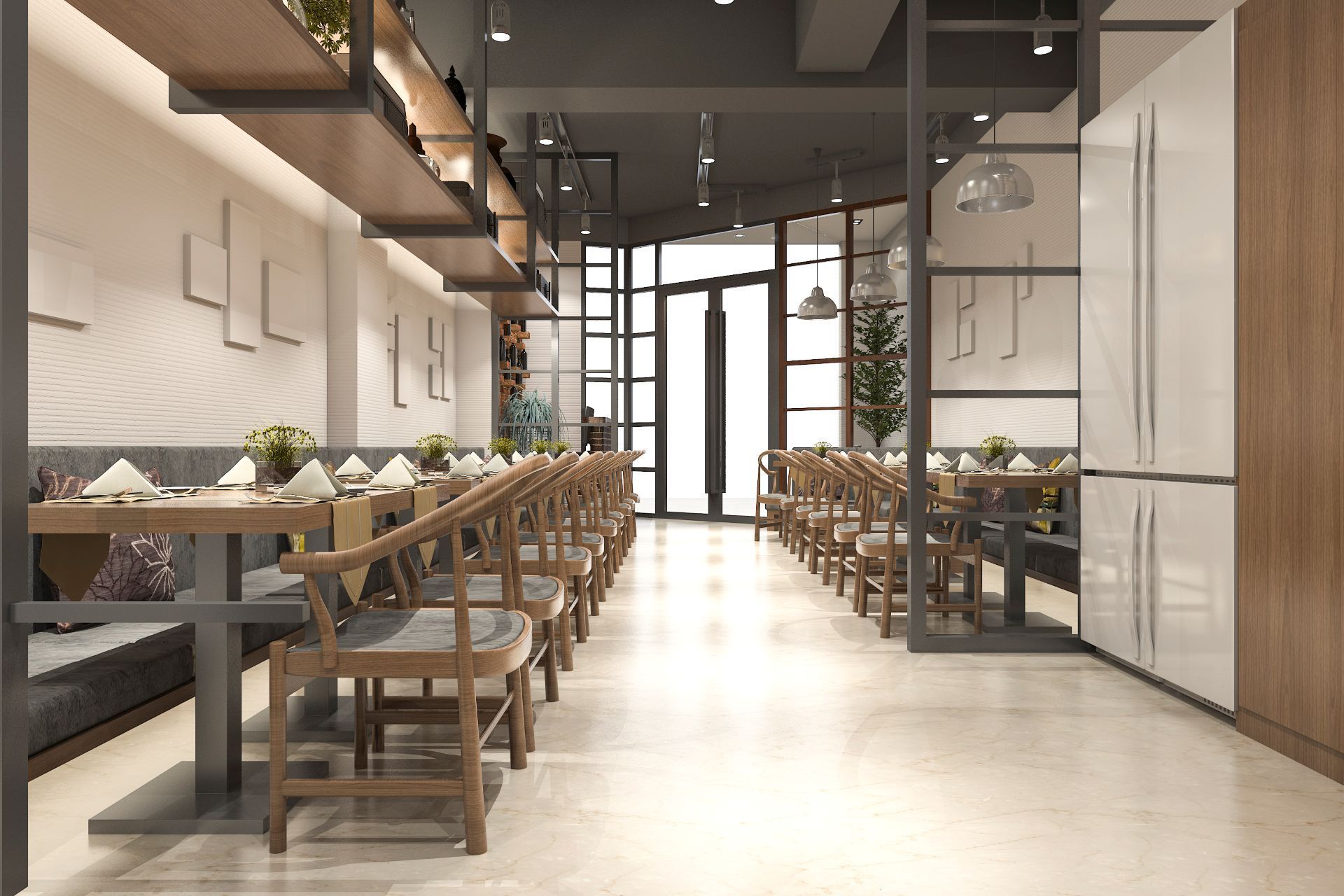 Restaurant interior with long tables, chairs, and a bright, modern design.