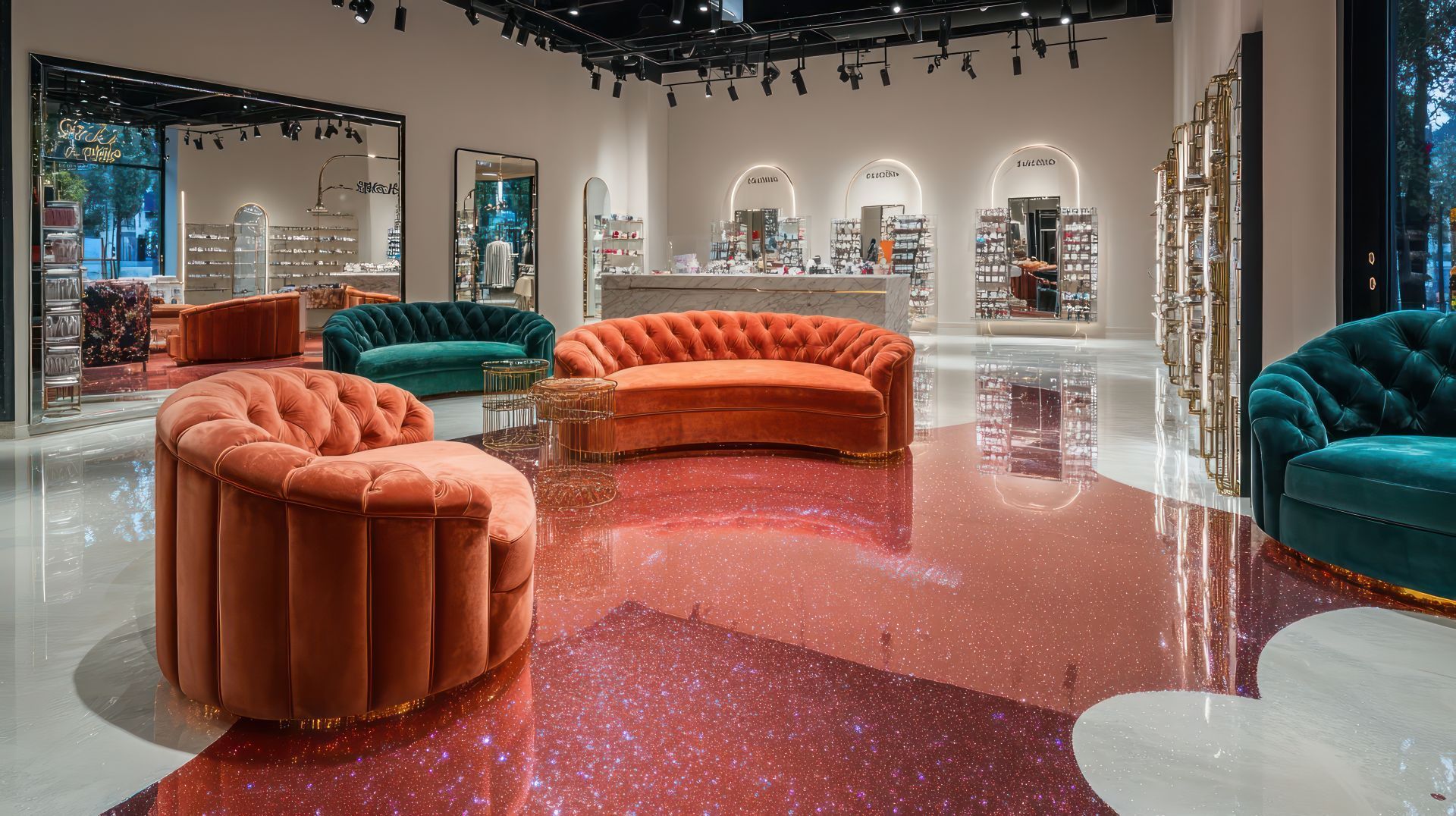 Luxurious retail space with jewel-toned velvet sofas on a glittery floor, mirrors, and product displays.