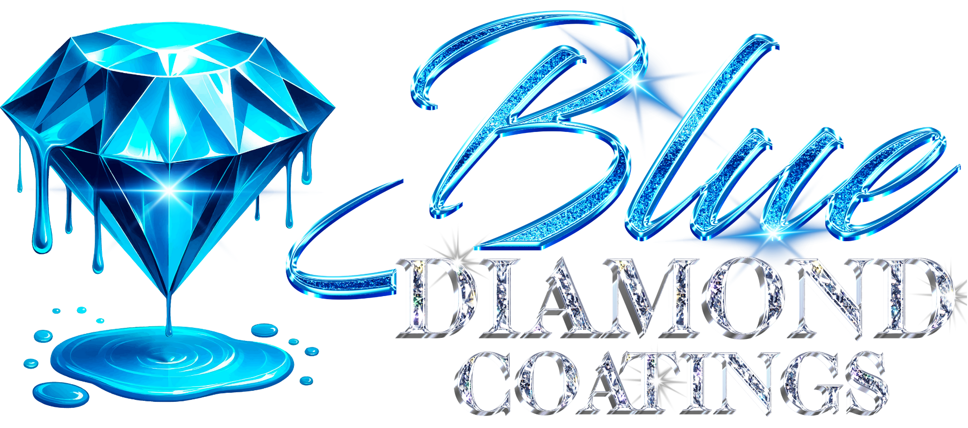 Blue diamond with dripping blue liquid and the text 