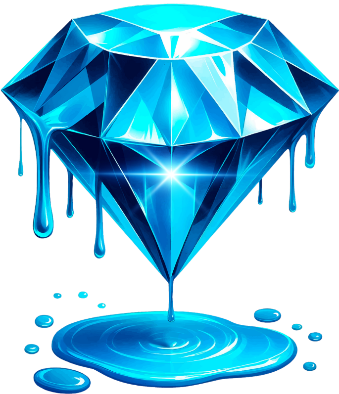 Blue diamond with dripping liquid, puddling below.