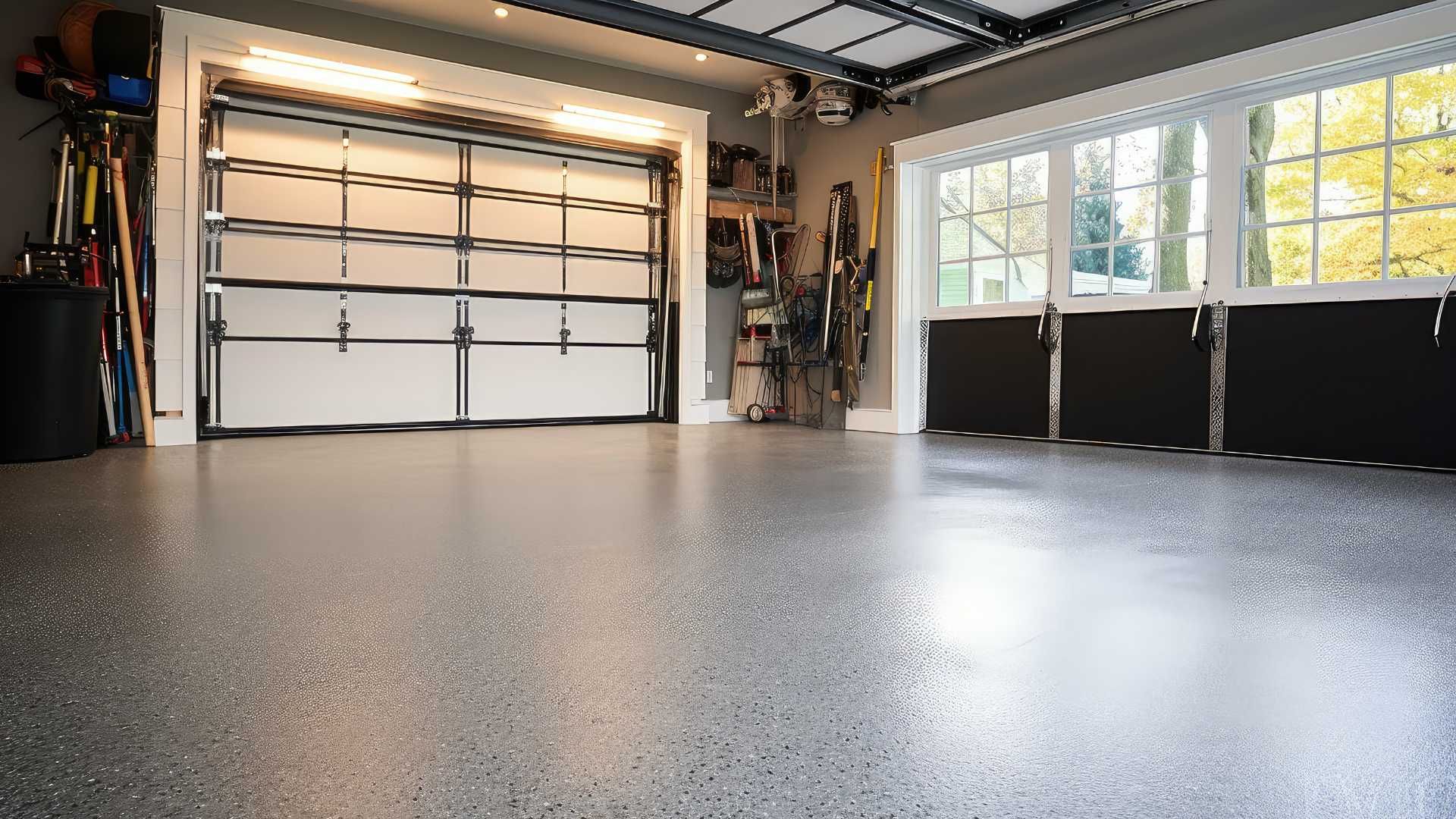 Garage interior with a glossy epoxy floor, open garage door, and tools on the wall.