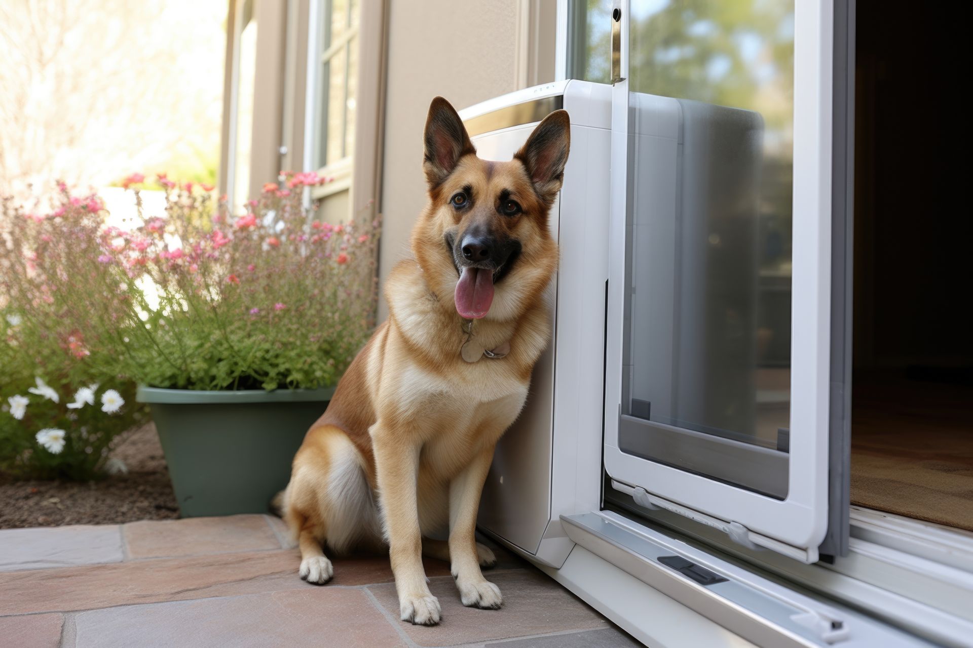View of a German Shepper dog sitting next to a pet door installed on a glass door.