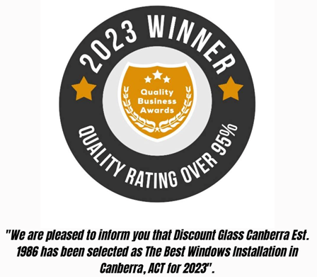 2023 Quality Business Awards winner badge for Discount Glass Canberra, stating 