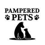 Pampered Pets logo with black dog and cat silhouettes and paw prints on a white background