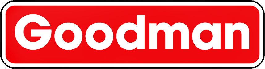 A red and white goodman logo on a white background.