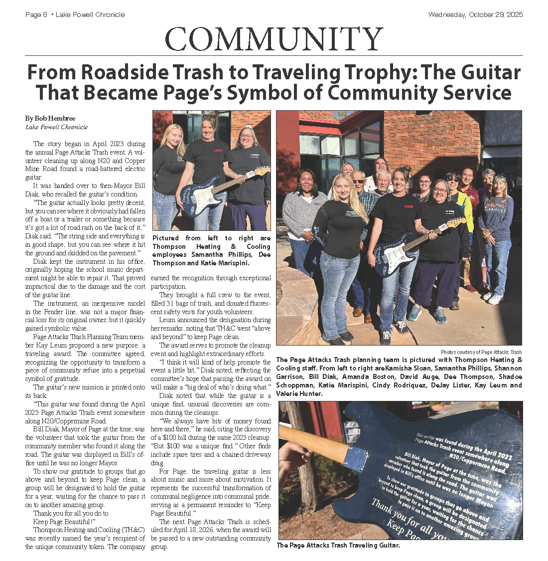 Newspaper community article with photos of people holding a guitar and a close-up of a decorated plaque