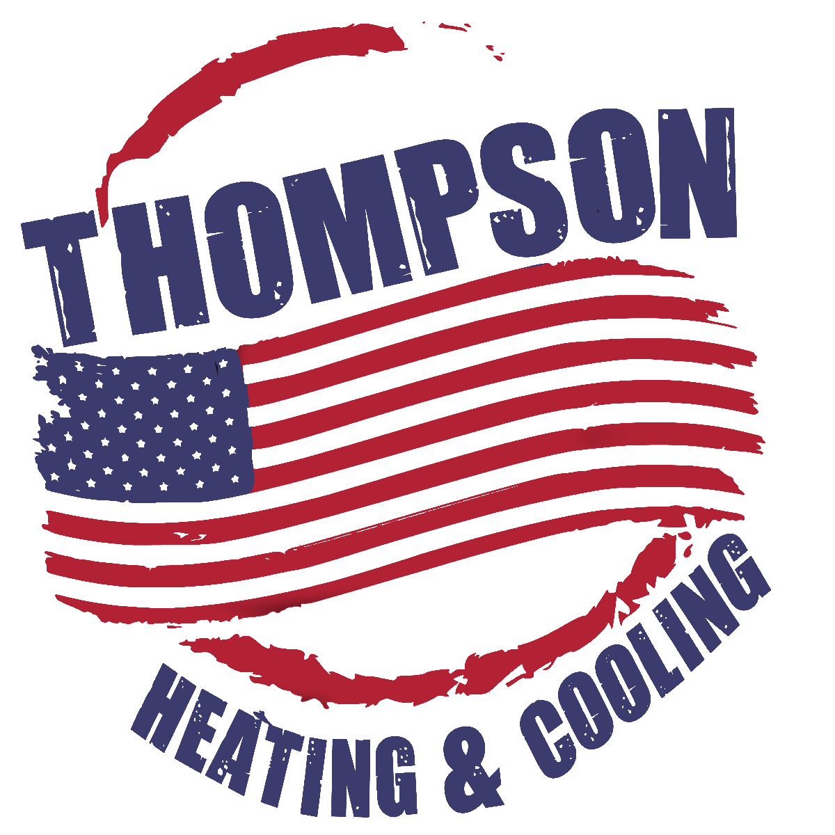 A logo for thompson heating and cooling with an american flag