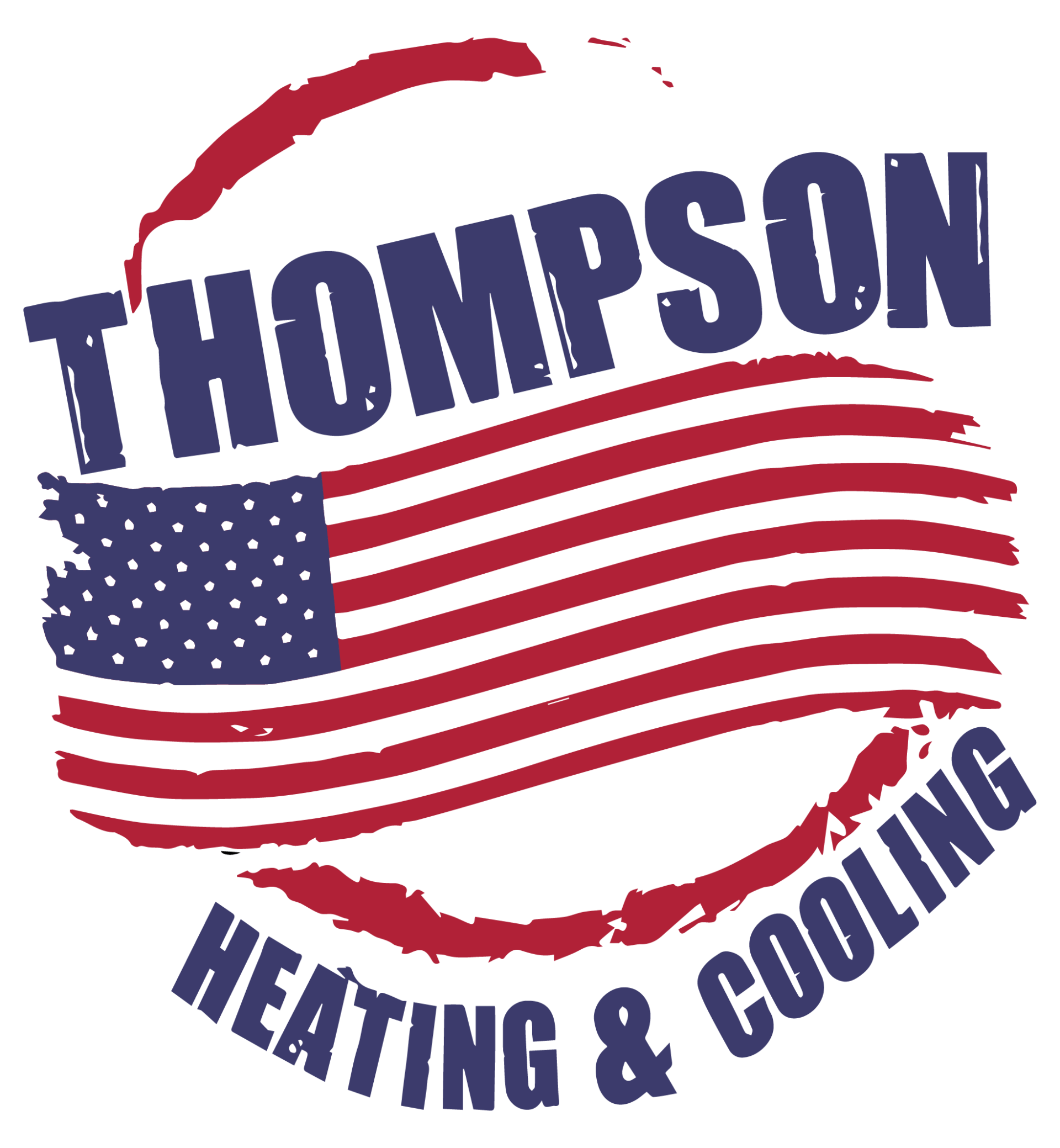 A logo for thompson heating and cooling with an american flag