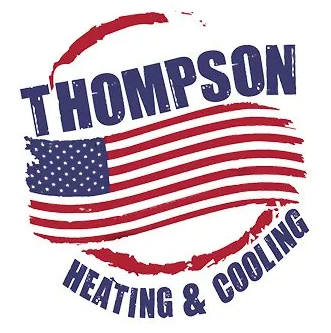 A logo for thompson heating and cooling with an american flag