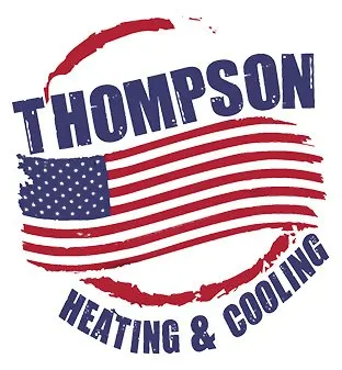A logo for thompson heating and cooling with an american flag