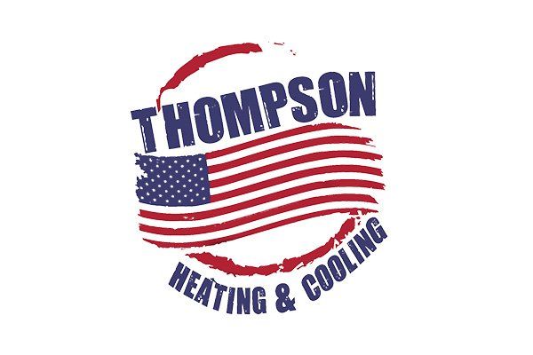 A logo for thompson heating and cooling with an american flag