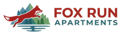Fox Run Apartments pet-friendly Waynesville NC logo with a leaping red fox and teal mountains.