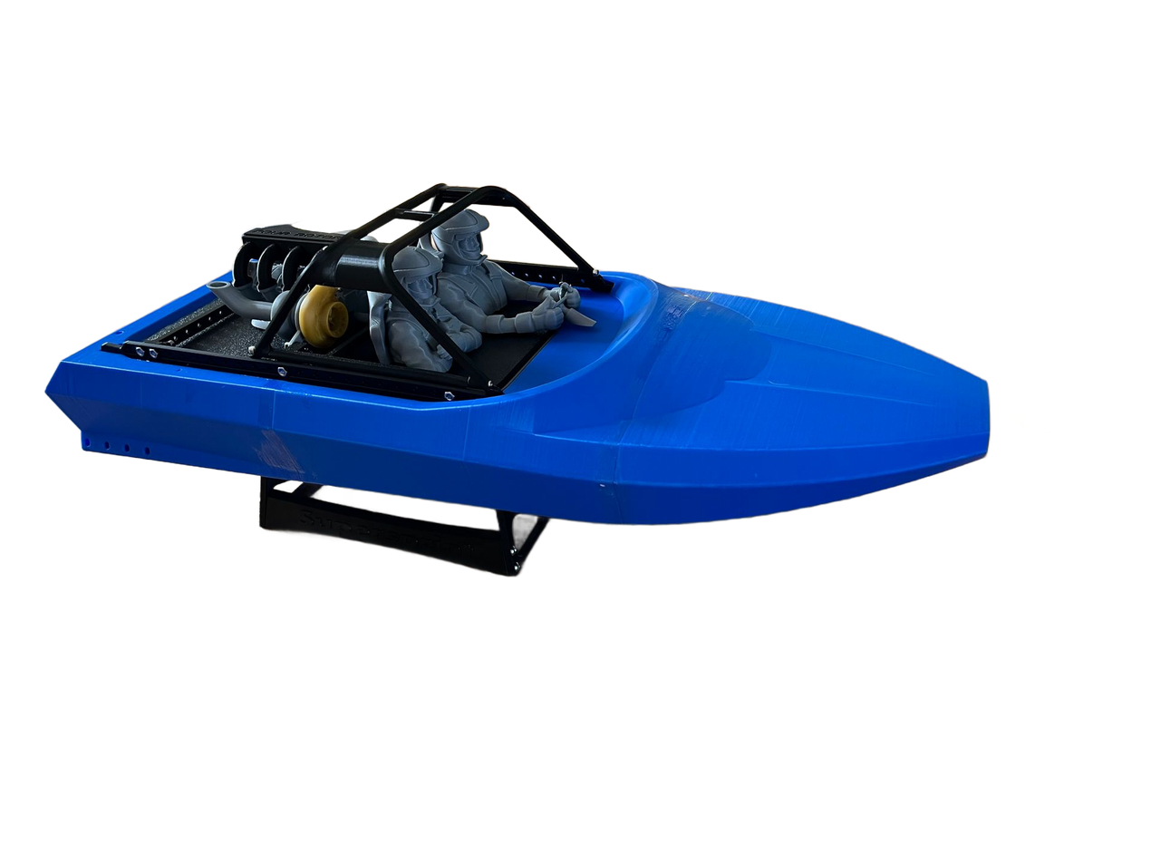 Blauwe racejetski met een zwarte rolkooi op een witte achtergrond.