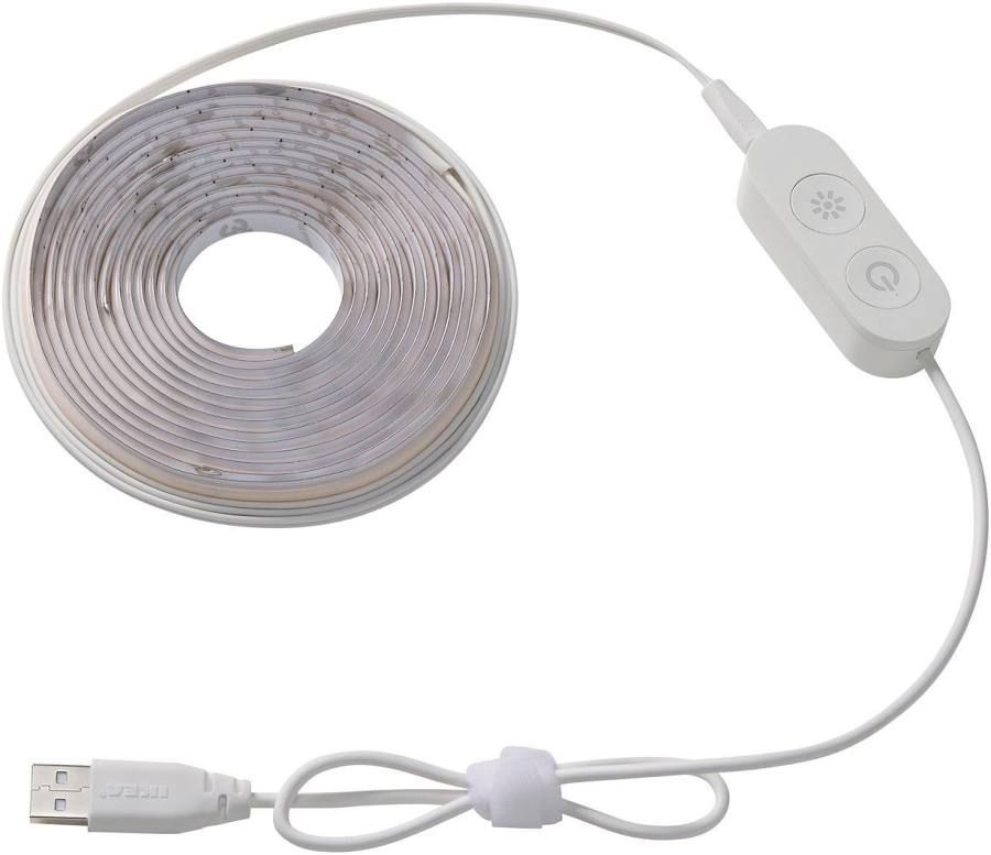 Witte USB LED-strip opgerold met ingebouwde dimmer en USB-aansluiting.