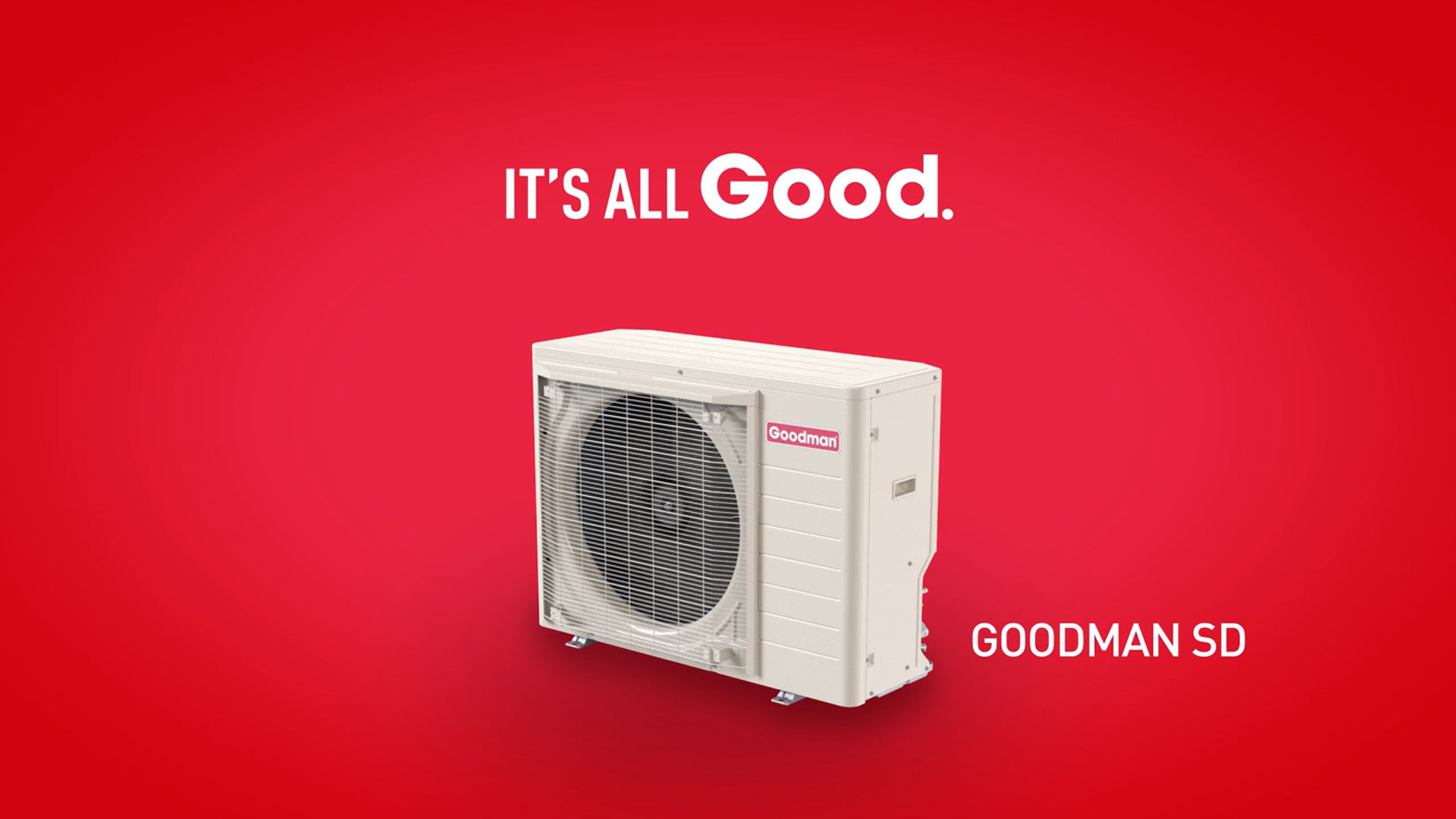 Goodman SD air conditioner unit against a red background, with