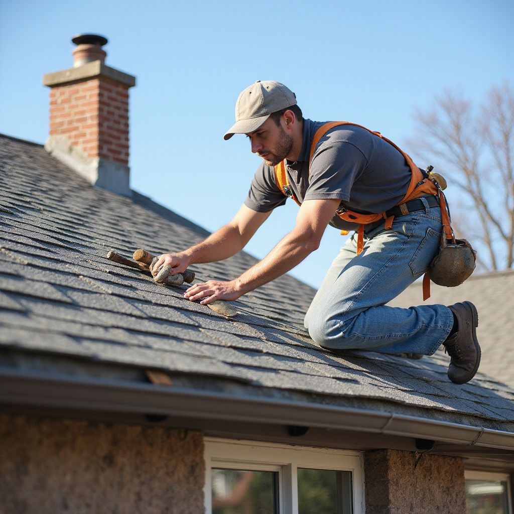 Roofer on a rooftop, hammering shingles. Wearing a safety harness, looking down. Clear blue sky.