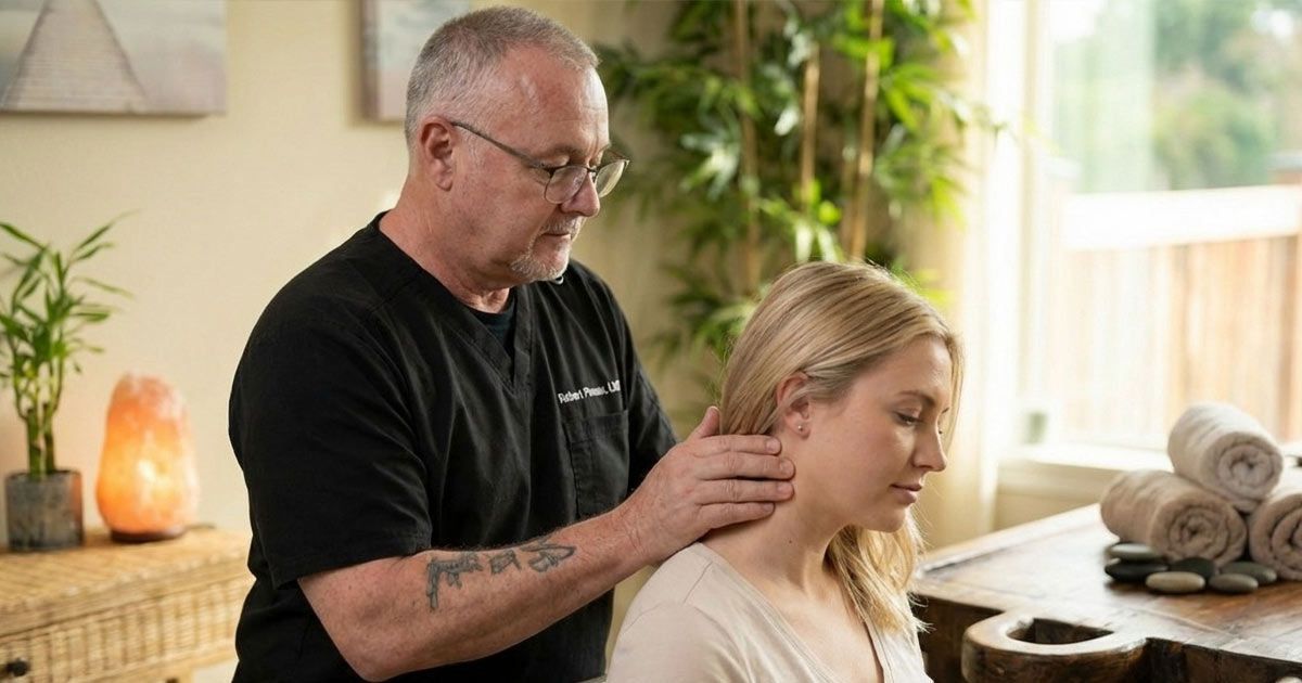 Patient Receiving Neck Pain Massage Therapy by Robert Pineau, LMT