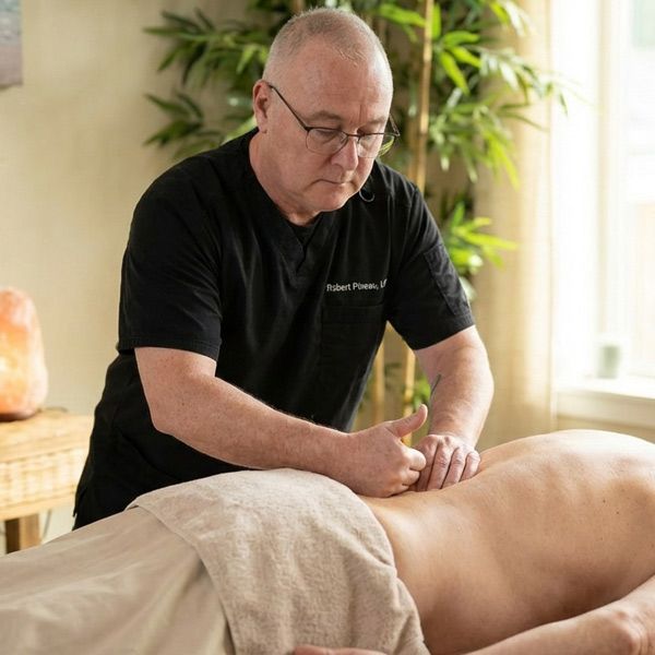 A senior citizen gets his lower back pain treated by massage therapist Robert Pineau with Neuromuscular Therapy in his Ronkonkoma massage therapy office