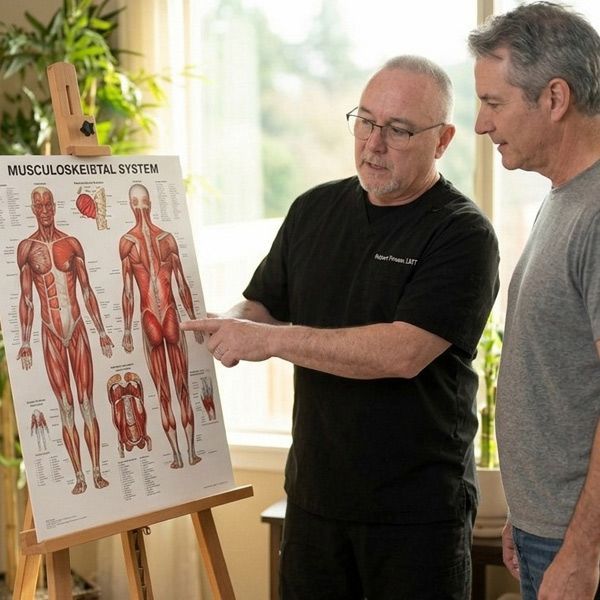 Ronkonkoma NY, Massage Therapist Robert Pineau is showing an older patient a chart for Orthopedic Assessment and Corrective Techniques to improve the patient's chronic musculoskeletal imbalances