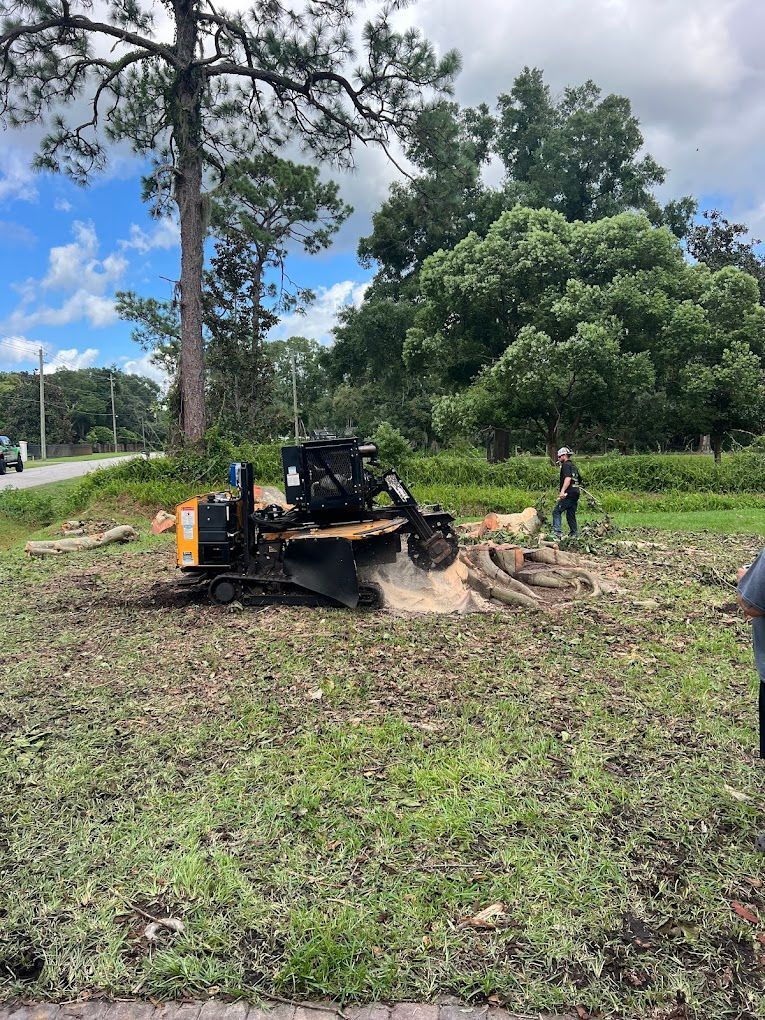 A stump grinder works on a grassy area, with a man standing nearby and trees in the background.