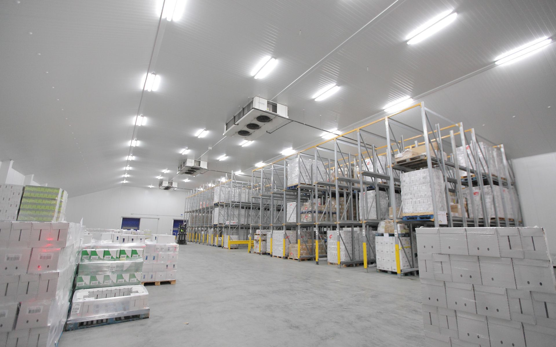 Bright warehouse aisle with stacked boxes, metal racks, and overhead lights