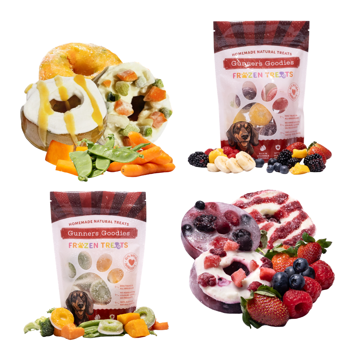 Gunners Goodies frozen fruit and veggie doggy donuts in assorted flavours and sizes
