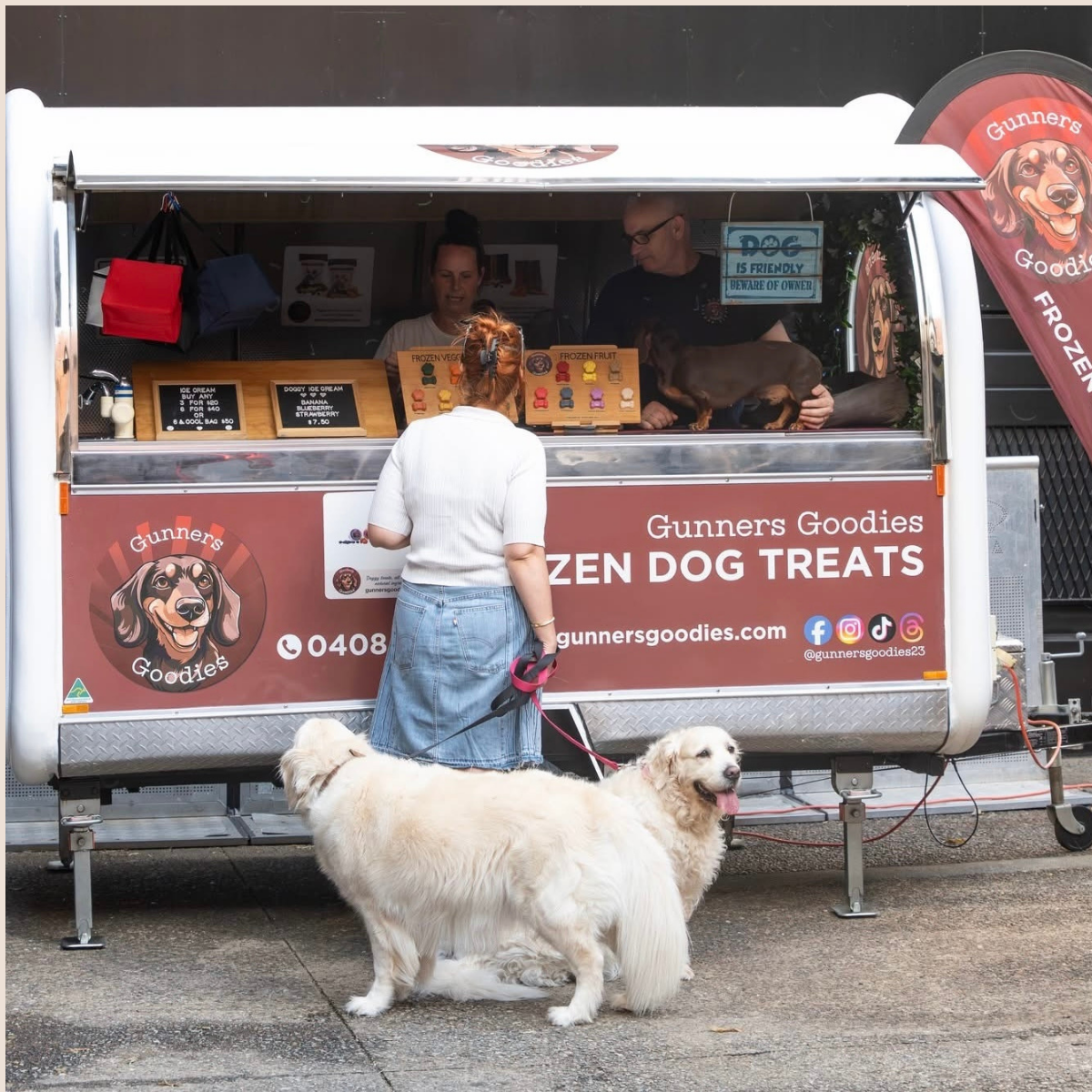 Gunners Goodies frozen dog treats trailer serving customers and dogs at a South East Queensland event
