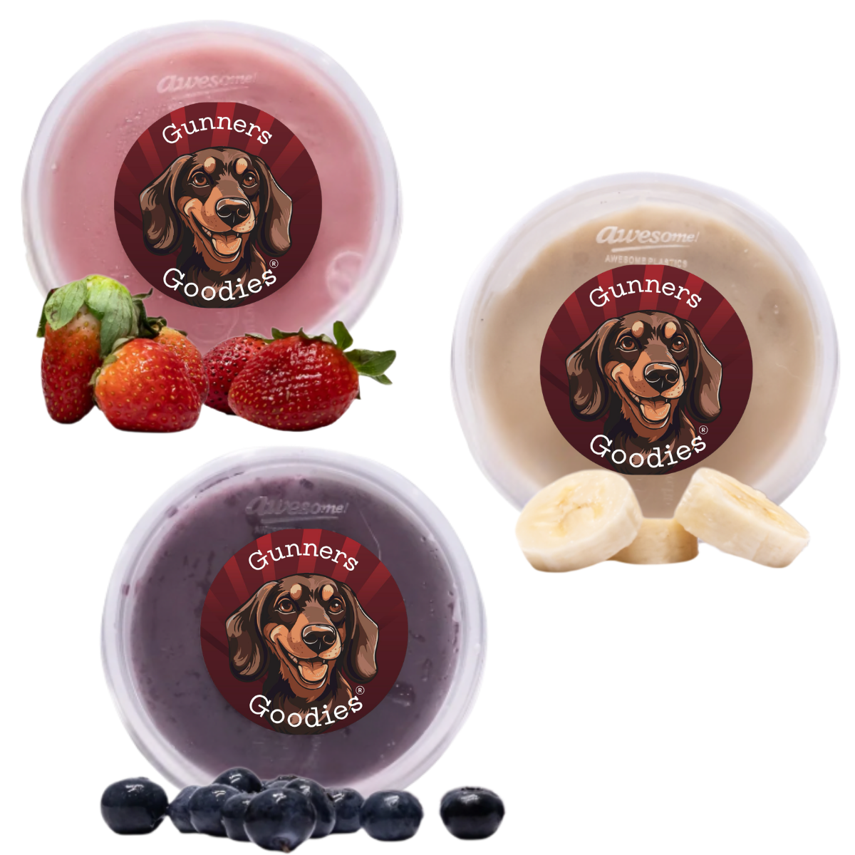 Gunners Goodies doggy ice cream in strawberry, blueberry and banana flavours